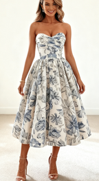 Elegant Wedding Guest Outfit Ball Gown Blue Floral Classy Night Dress Summer Tea Length Wedding Guest Dress