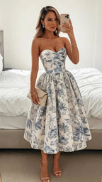 Elegant Wedding Guest Outfit Ball Gown Blue Floral Classy Night Dress Summer Tea Length Wedding Guest Dress