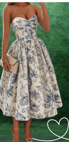 Elegant Wedding Guest Outfit Ball Gown Blue Floral Classy Night Dress Summer Tea Length Wedding Guest Dress