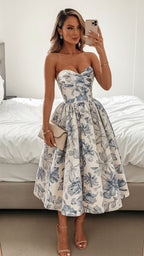 Elegant Wedding Guest Outfit Ball Gown Blue Floral Classy Night Dress Summer Tea Length Wedding Guest Dress