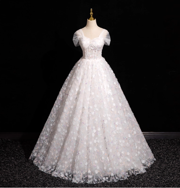 Elegant White 3D Floral Tulle Long Ball Gown Prom Dress Sweet 16 Dress Secondary image