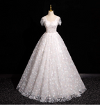 Elegant White 3D Floral Tulle Long Ball Gown Prom Dress Sweet 16 Dress