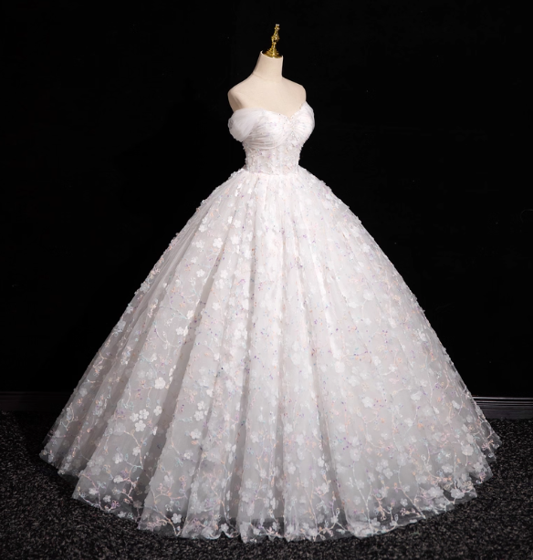 Elegant White 3D Floral Tulle Long Ball Gown Prom Dress Sweet 16 Dress