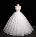 Elegant White 3D Floral Tulle Long Ball Gown Prom Dress Sweet 16 Dress