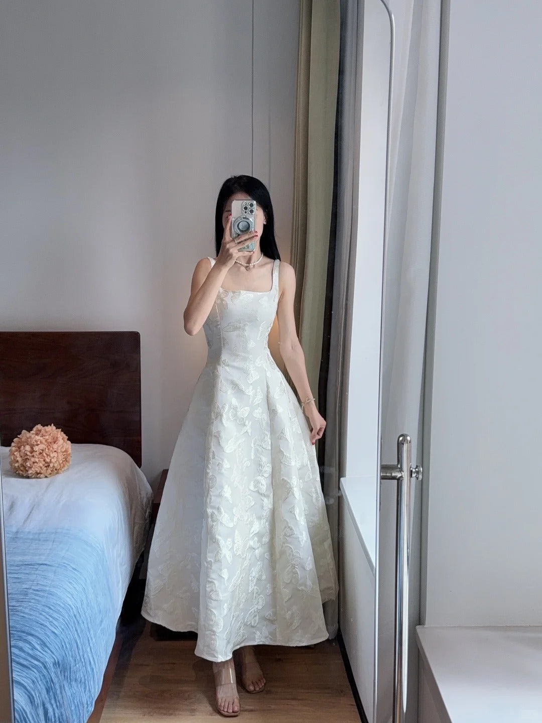 Elegant White A-Line Square Neck Halter Top With Butterfly Jacquard Satin Long Classy Prom Dress