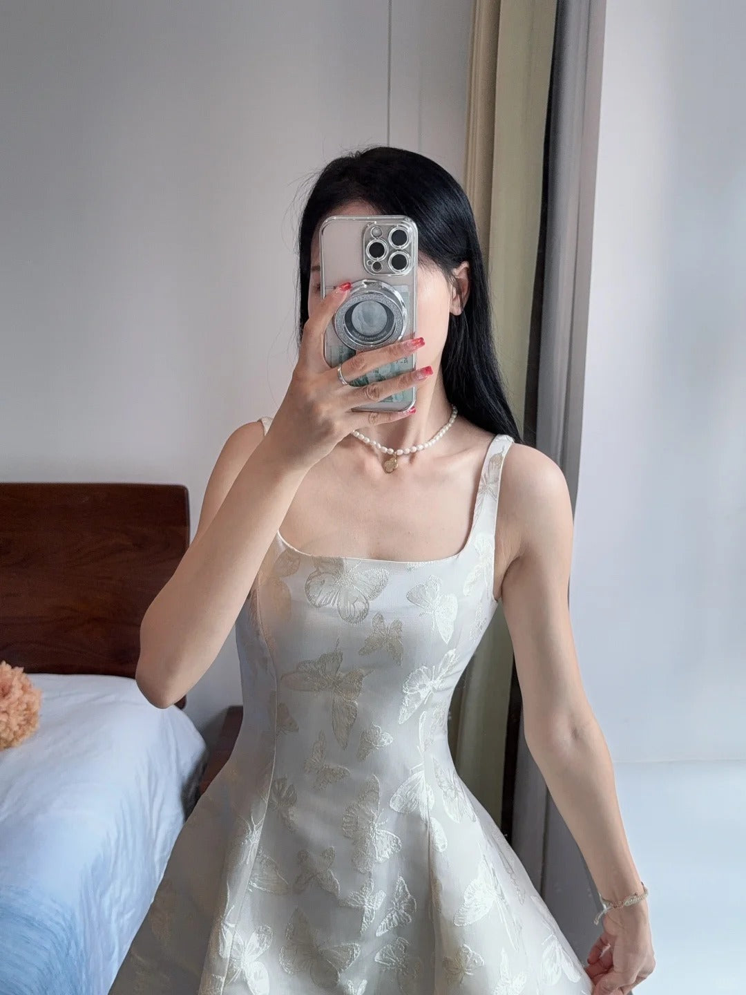 Elegant White A-Line Square Neck Halter Top With Butterfly Jacquard Satin Long Classy Prom Dress