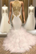 Elegant White And Gold Mermaid Evening Prom Dress Sequins High Collar Chiffon Long