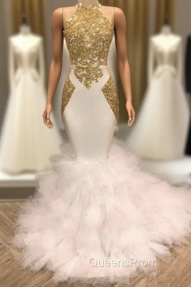 Elegant White And Gold Mermaid Evening Prom Dress Sequins High Collar Chiffon Long