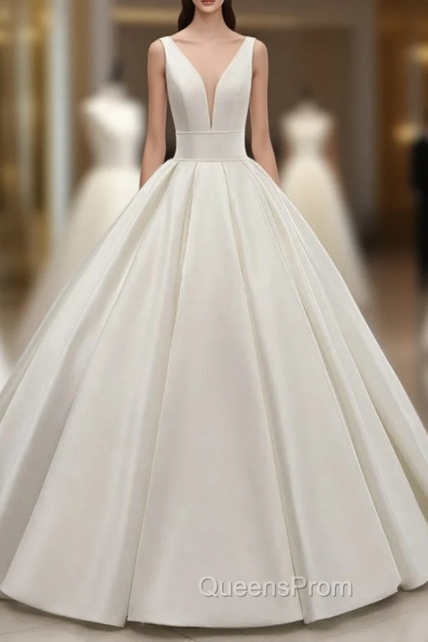 Elegant White Ball Gown Satin V-neck Backless Wedding Dress Main image