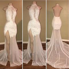Elegant White Lace Halter Evening Prom Party GownsMermaid Backless Party Dress With Slit