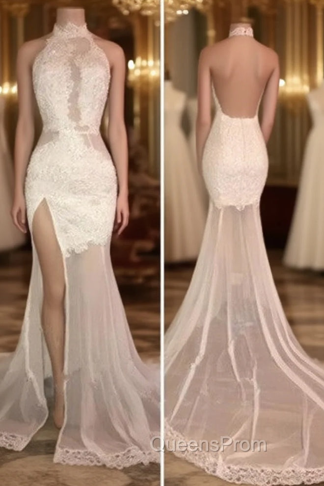 Elegant White Lace Halter Evening Prom Party GownsMermaid Backless Party Dress With Slit Main image