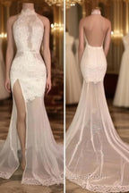 Elegant White Lace Halter Evening Prom Party GownsMermaid Backless Party Dress With Slit