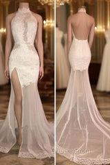 Elegant White Lace Halter Evening Prom Party GownsMermaid Backless Party Dress With Slit