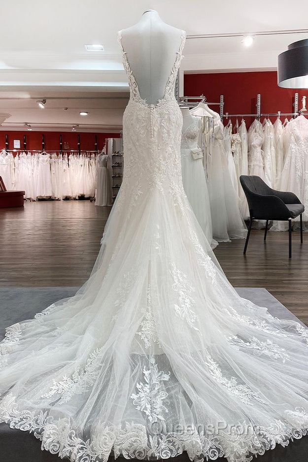 Elegant White Long Mermaid Tulle Lace Open Back Wedding Dress Secondary image