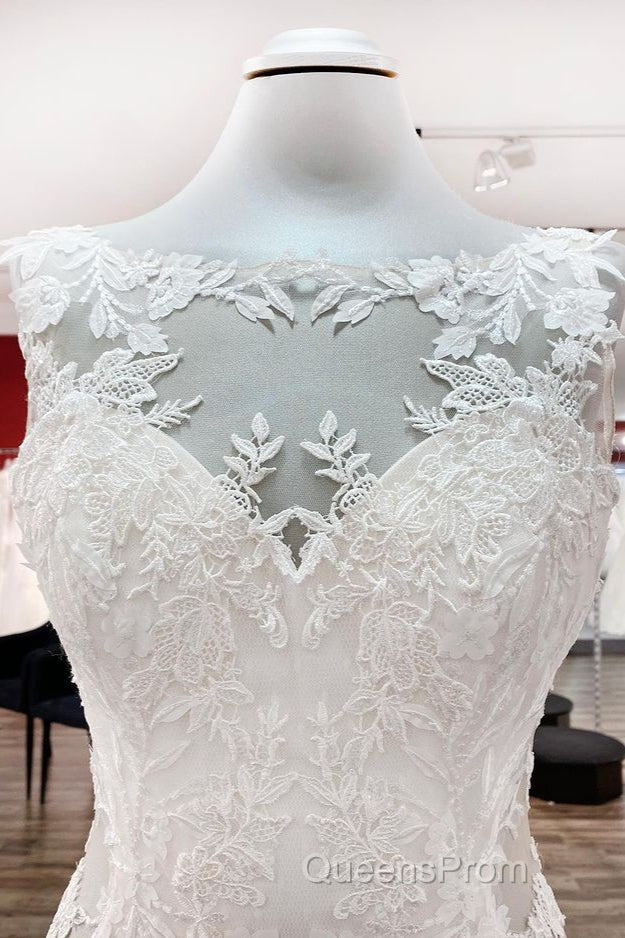 Elegant White Long Mermaid Tulle Lace Open Back Wedding Dress