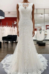 Elegant White Long Mermaid Tulle Lace Open Back Wedding Dress