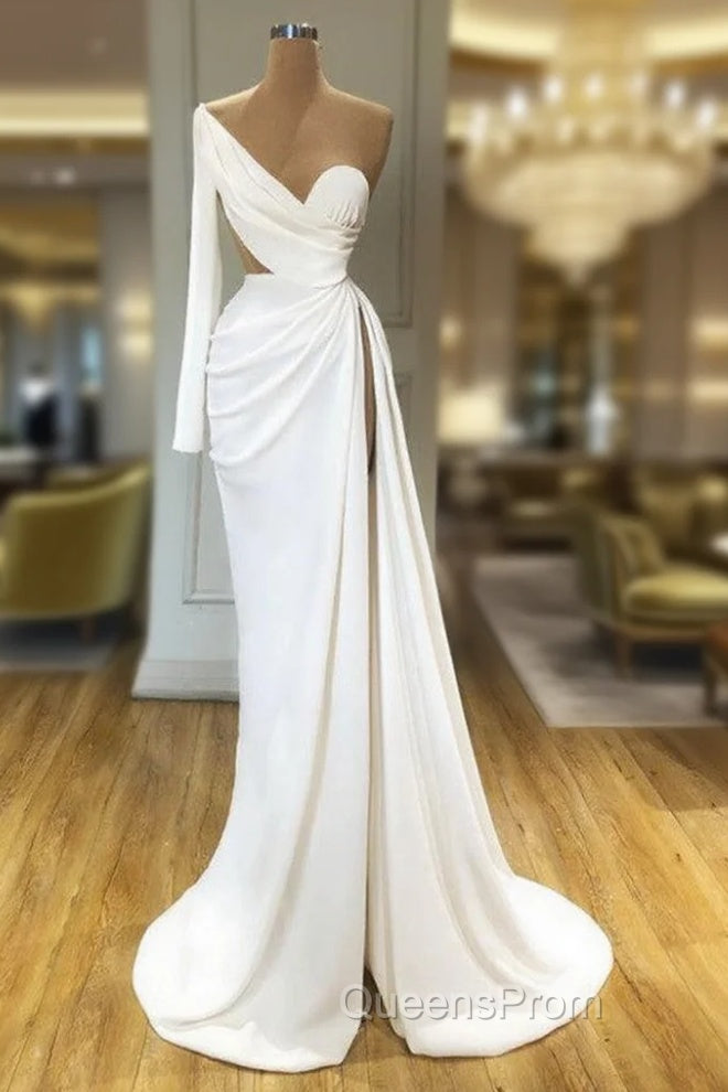 Elegant White Long Sleeve One Shoulder Evening Prom Dress With Split