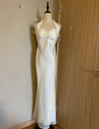 Elegant White Mermaid Halter Neck Satin Long Classy Prom Dress