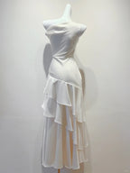Elegant White Mermaid Ruffle Satin Classy Prom Dress Bridesmaid Dress
