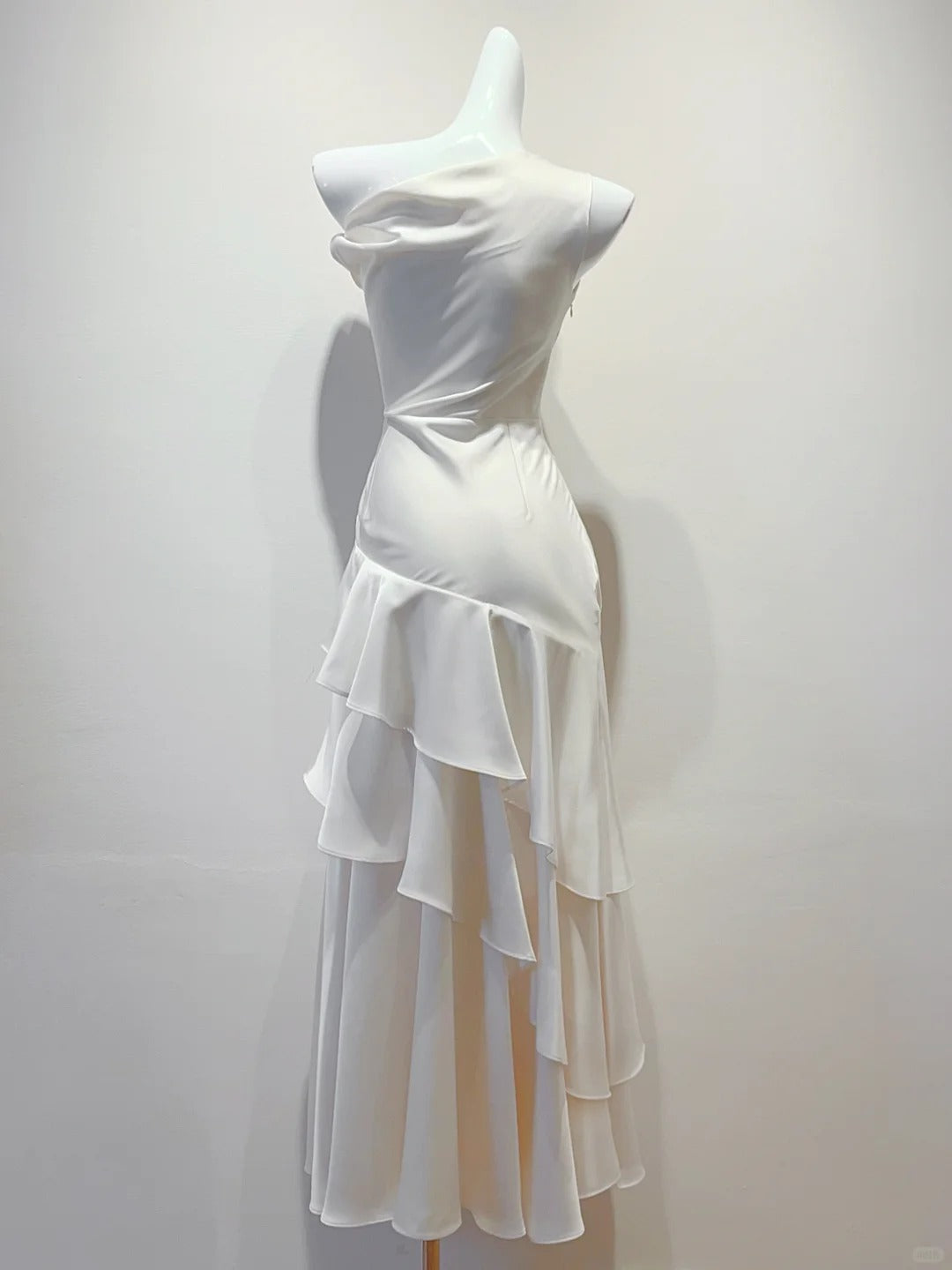 Elegant White Mermaid Ruffle Satin Classy Prom Dress Bridesmaid Dress
