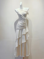 Elegant White Mermaid Ruffle Satin Classy Prom Dress Bridesmaid Dress