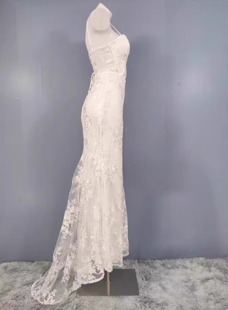 Elegant White Mermaid Spaghetti Strap Lace Slit Long Classy Prom Dress