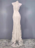 Elegant White Mermaid Spaghetti Strap Lace Slit Long Classy Prom Dress