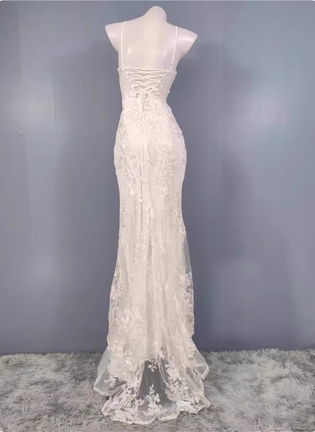 Elegant White Mermaid Spaghetti Strap Lace Slit Long Classy Prom Dress