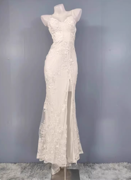 Elegant White Mermaid Spaghetti Strap Lace Slit Long Classy Prom Dress Main image