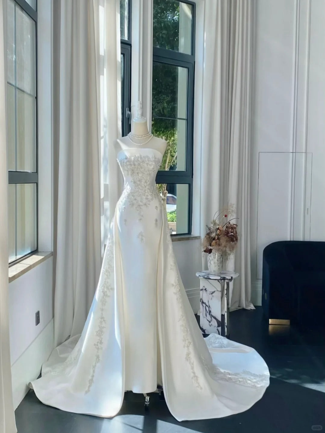 Elegant White Mermaid Strapless Beaded Satin Wedding Dress With Train Main image