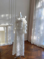 Elegant White Mermaid Strapless Off-The-Shoulder Lace Long Classy Prom Dress