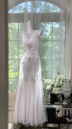 Elegant White Mermaid Strapless V-Neck Beaded Chiffon Long Classy Prom Dress