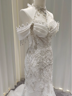 Elegant White Mermaid Train Halter Off-The-Shoulder Beaded Lace Tulle Classy Prom Dress