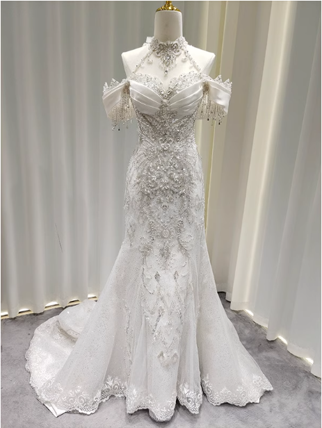 Elegant White Mermaid Train Halter Off-The-Shoulder Beaded Lace Tulle Classy Prom Dress