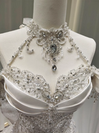 Elegant White Mermaid Train Halter Off-The-Shoulder Beaded Lace Tulle Classy Prom Dress