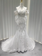 Elegant White Mermaid Train Halter Off-The-Shoulder Beaded Lace Tulle Classy Prom Dress
