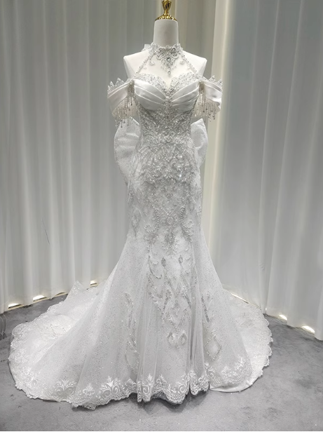 Elegant White Mermaid Train Halter Off-The-Shoulder Beaded Lace Tulle Classy Prom Dress