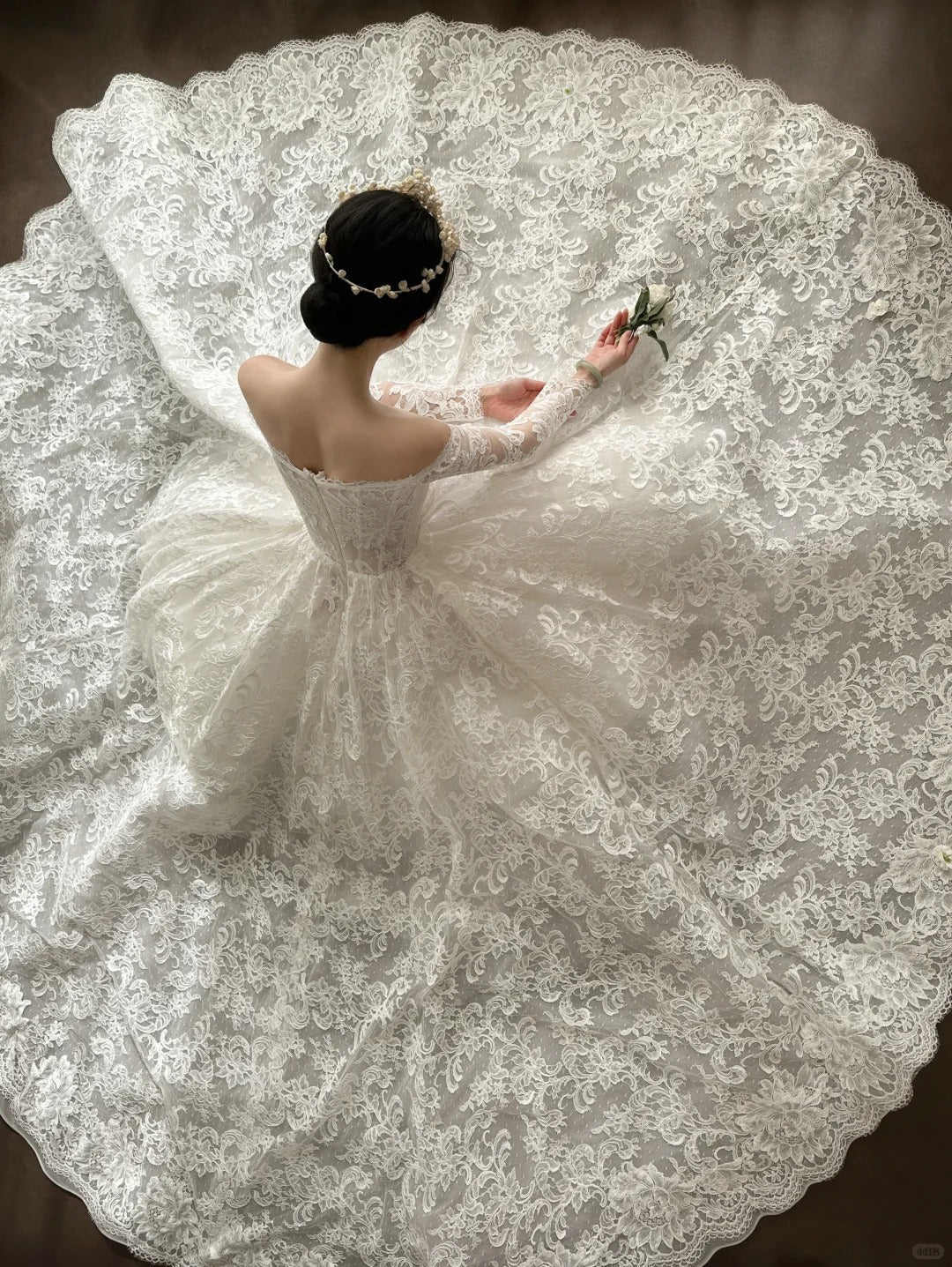 Elegant White Off-Shoulder Lace Mesh Ball Gown Wedding Dress Main image