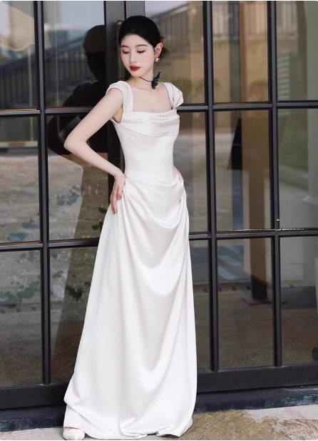 Elegant White Off-The-Shoulder Satin Long Classy Prom Dress Wedding Dress