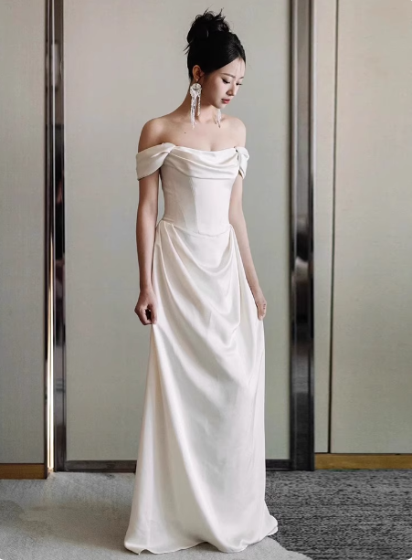 Elegant White Off-The-Shoulder Satin Long Classy Prom Dress Wedding Dress