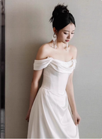 Elegant White Off-The-Shoulder Satin Long Classy Prom Dress Wedding Dress