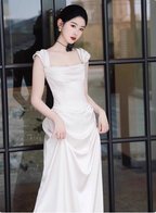 Elegant White Off-The-Shoulder Satin Long Classy Prom Dress Wedding Dress
