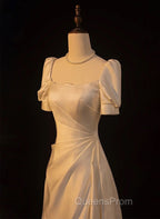 Elegant White Satin A-line Wedding Party Dress Long Evening Prom Dress Evening Gown