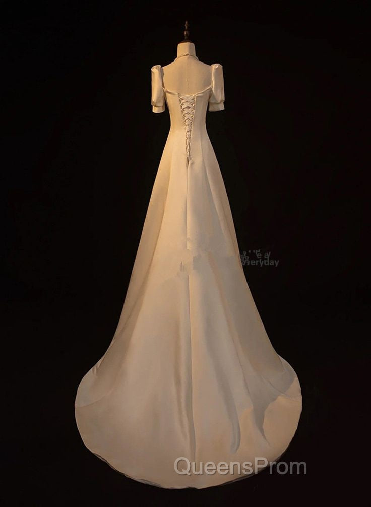 Elegant White Satin A-line Wedding Party Dress Long Evening Prom Dress Evening Gown