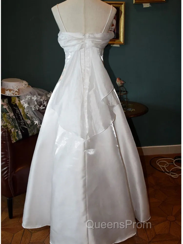 Elegant White Satin Spaghetti Straps Evening Prom Dress Fairy A Line Princess Dress Evening Gown