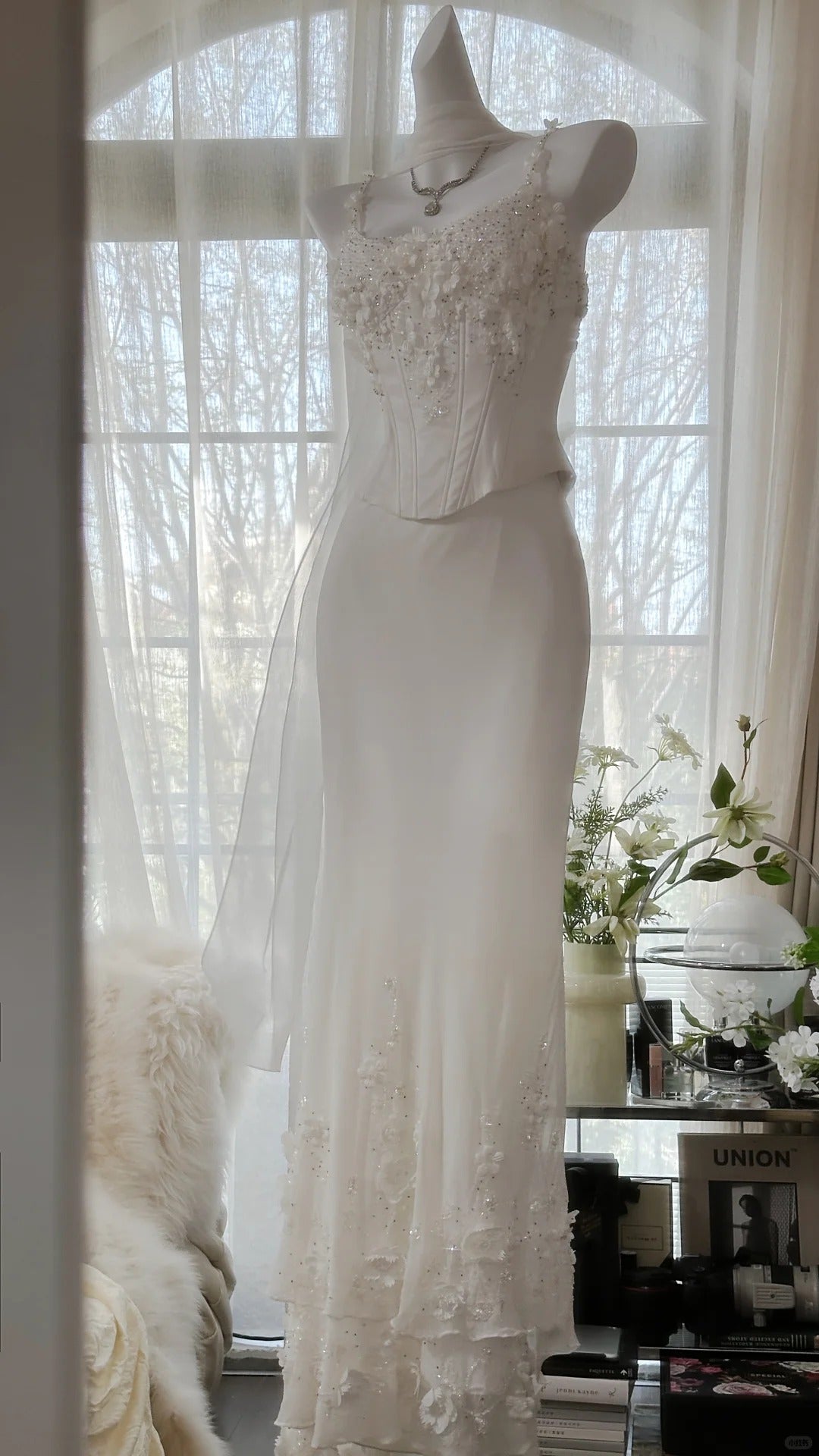 Elegant White Strap Herringbone Beaded Chiffon Prom Gown Classy Prom Dress