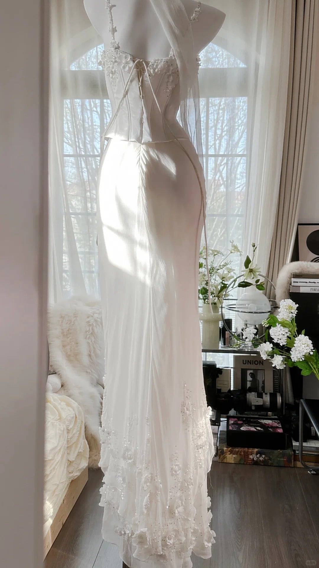 Elegant White Strap Herringbone Beaded Chiffon Prom Gown Classy Prom Dress
