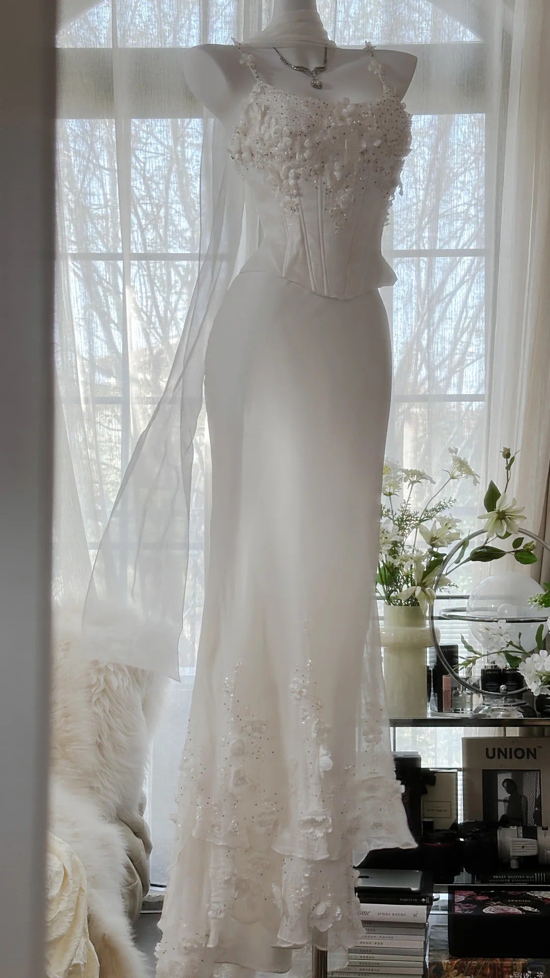 Elegant White Strap Herringbone Beaded Chiffon Prom Gown Classy Prom Dress