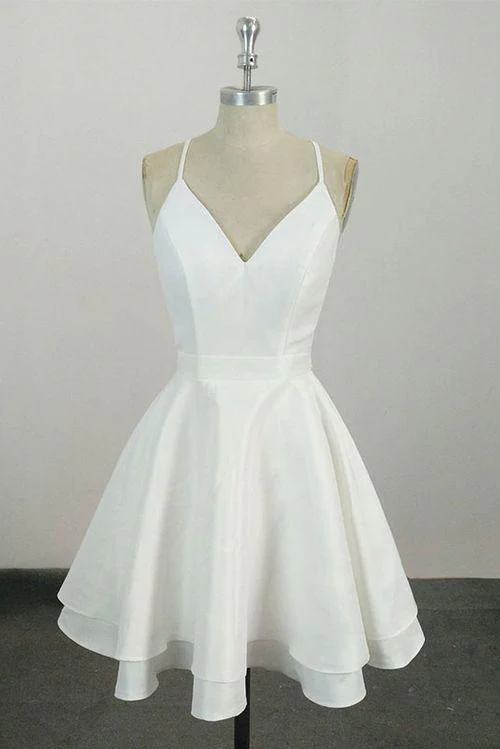Elegant White V Neck Knee Length Short Classy Prom Dress Homecoming Dress