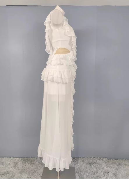 Elegant White V-Neck Ruffled Chiffon Long Classy Prom Dress